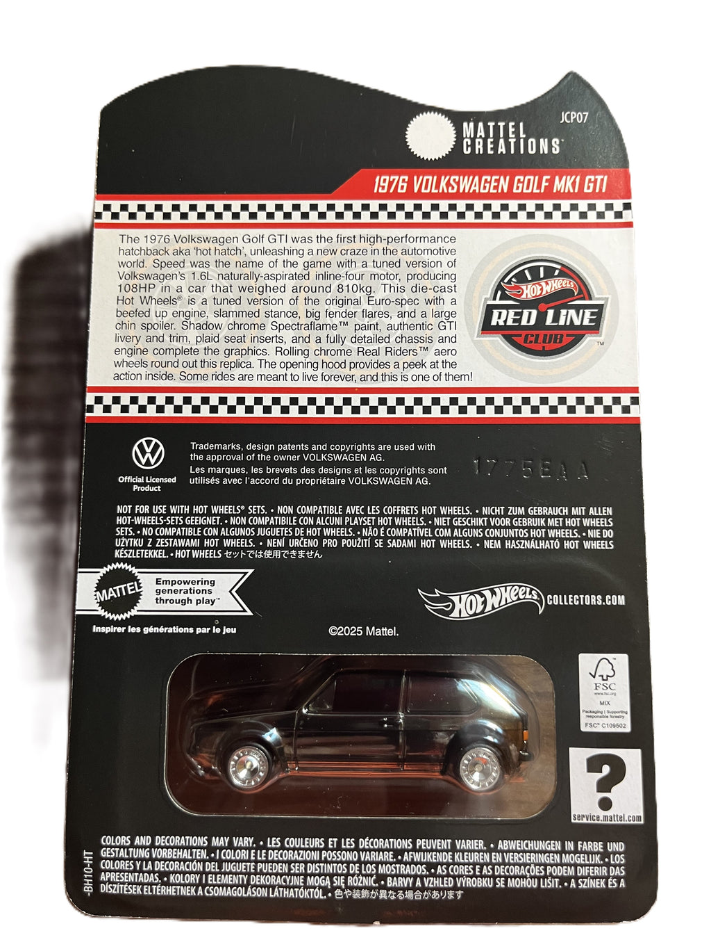 Hot Wheels JCP07 - 1976 Volkswagen Golf MK1 GTI - Red Line Club - Sammlermodell