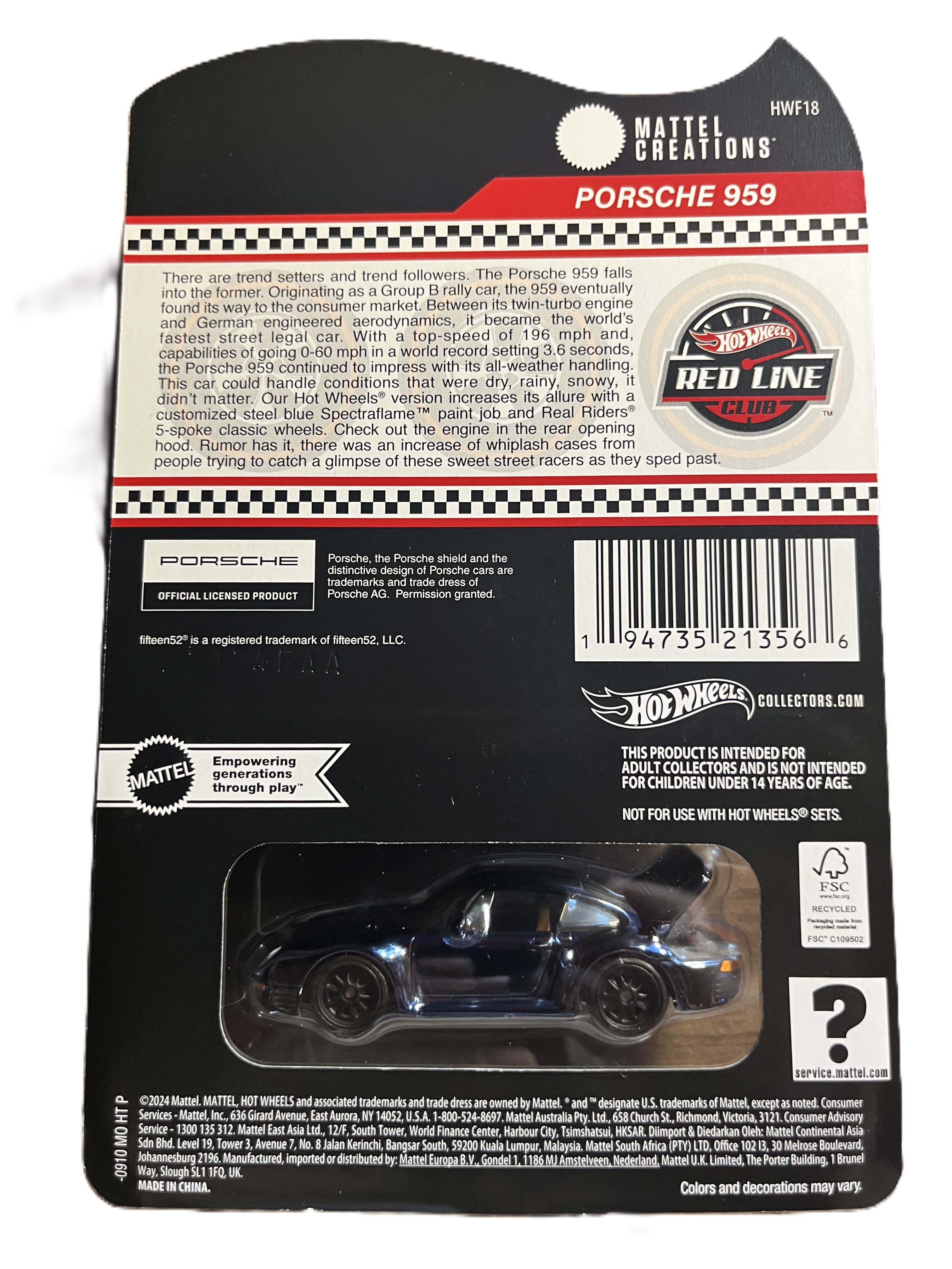 Hot Wheels HWF18 - Porsche 959 - Red Line Club - Sammlermodell