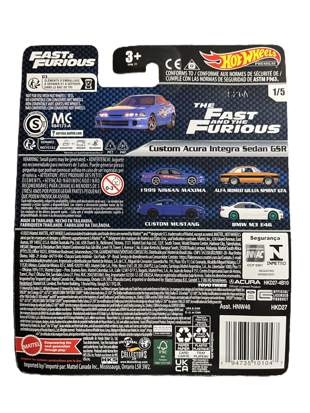 Hot Wheels HKD27 - Custom Acura Integra Sedan GSR - Fast & Furious 1/5 - Premium