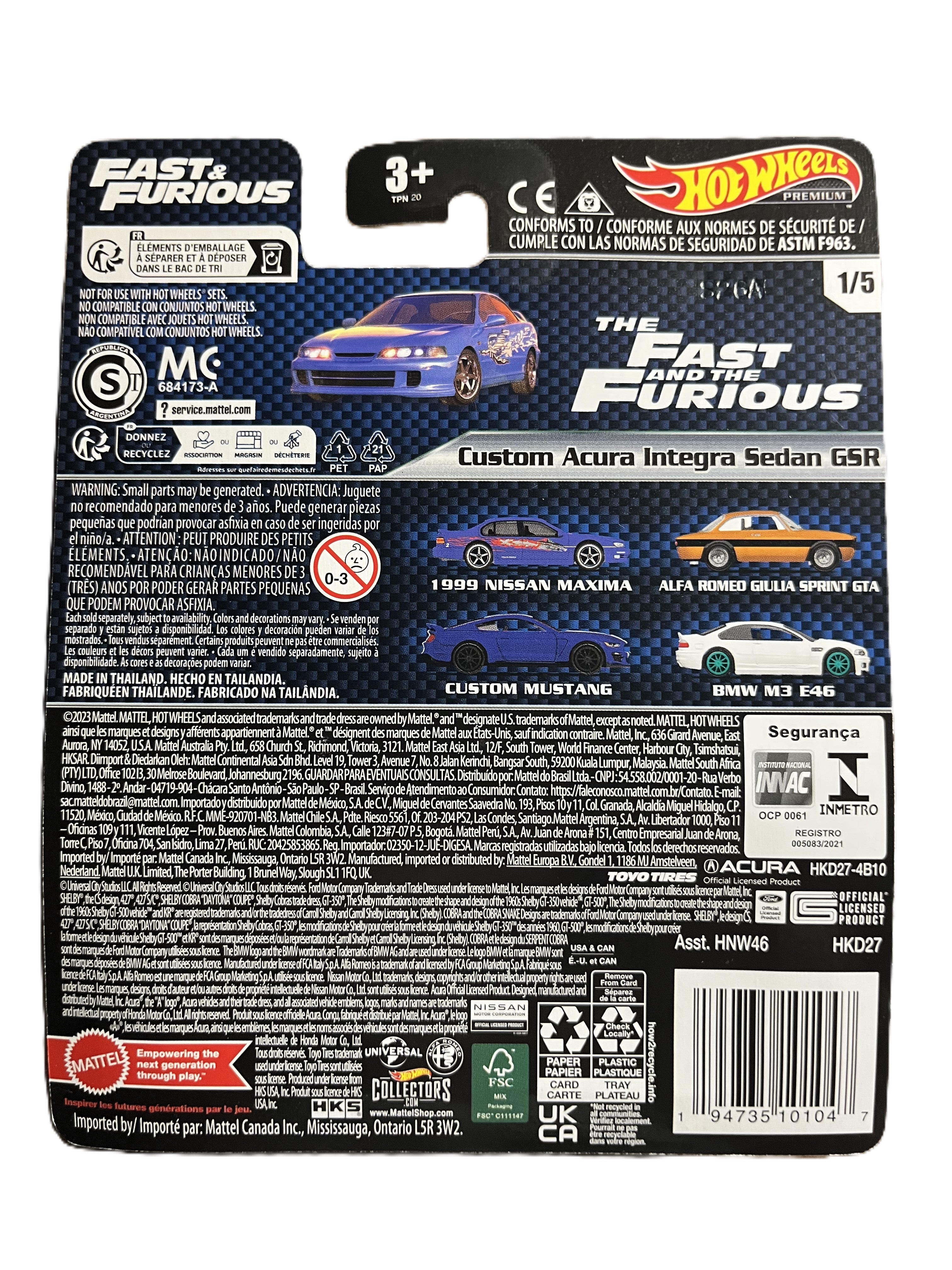 Hot Wheels HKD27 - Custom Acura Integra Sedan GSR - Fast & Furious 1/5 - Premium