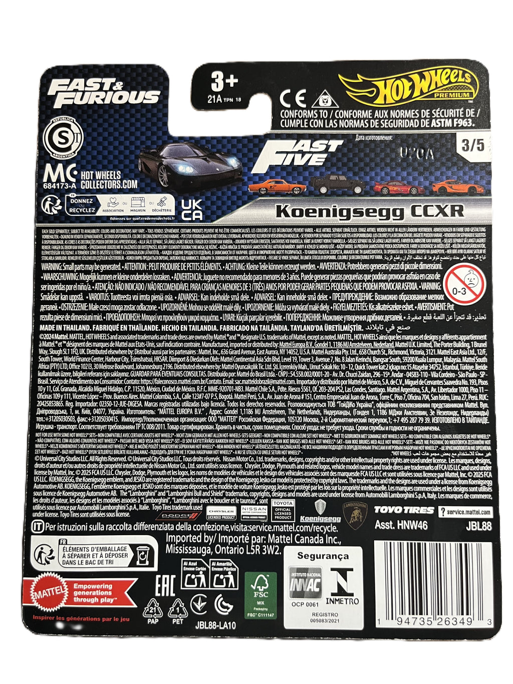 Hot Wheels JBL88 - Koenigsegg CCXR - Fast & Furious 3/5 - Premium