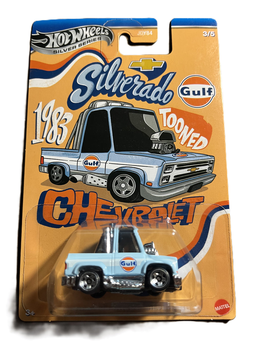 Hot Wheels JCB64 - Tooned 83 Chevy Silverado - Gulf Tooned 3/5 - long Card Silver Series