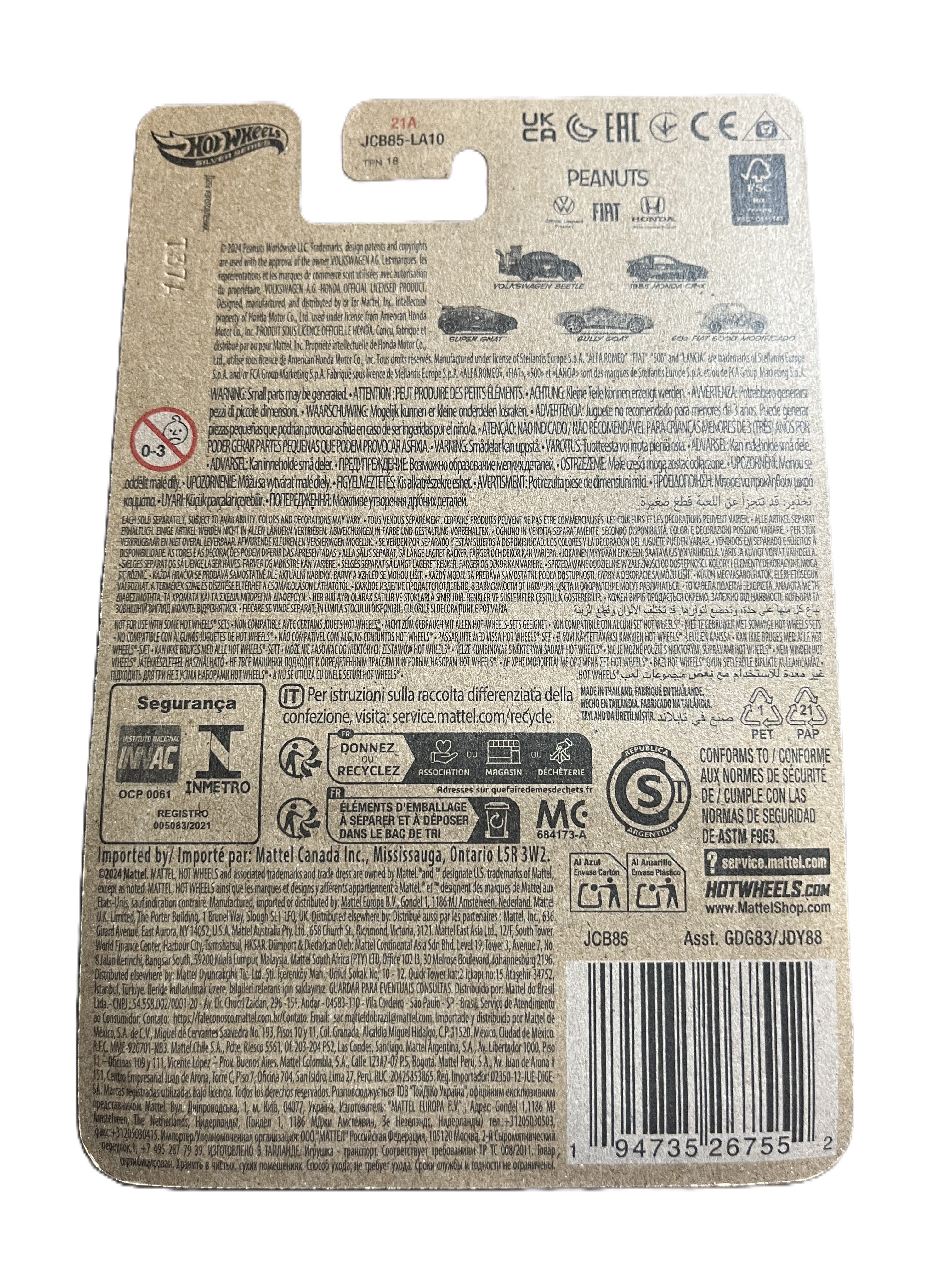 Hot Wheels JCB85 - 60S Fiat 500D Modificado - Peanuts 5/5 - long Card Silver Series