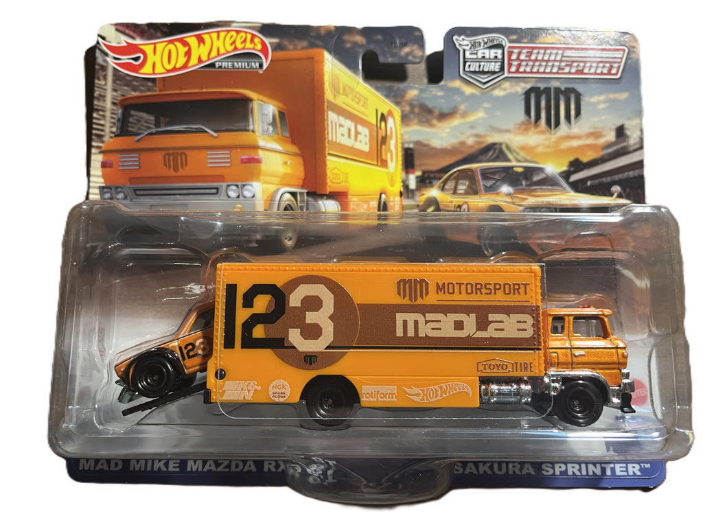 Hot Wheels HKF44 - Mad Mike Mazda RX3 GT - Sakura Sprinter - Team Transporter 58 - Premium