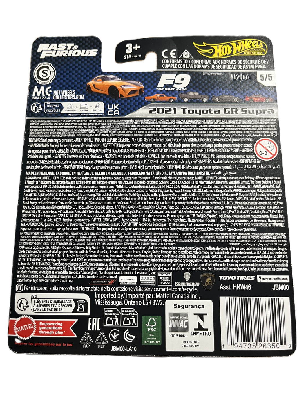 Hot Wheels JBM00 - 2021 Toyota GR Supra - Fast & Furious 5/5 - Premium